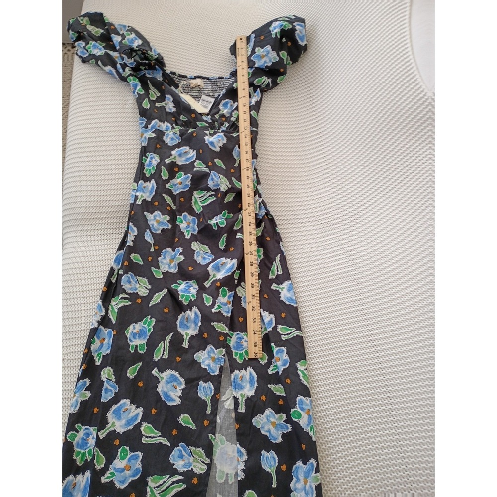 NWT Mello Day Cottagecore Black Floral Smocked Back Maxi Dress Puff Slve Slit S - Picture 5 of 14